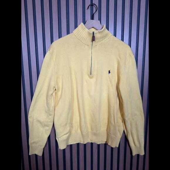 Polo Ralph Lauren Sweater XL Yellow Button Ribbed High Neck 100% Cotton 1/4 Zip